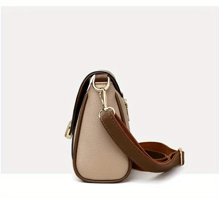 Stylish Two-Tone Women’s Crossbody Bag - Casual Shoulder Purse with Adjustable Strap, Magnetic Closure, and Golden Accents in Khaki/Brown, Everyday Purse