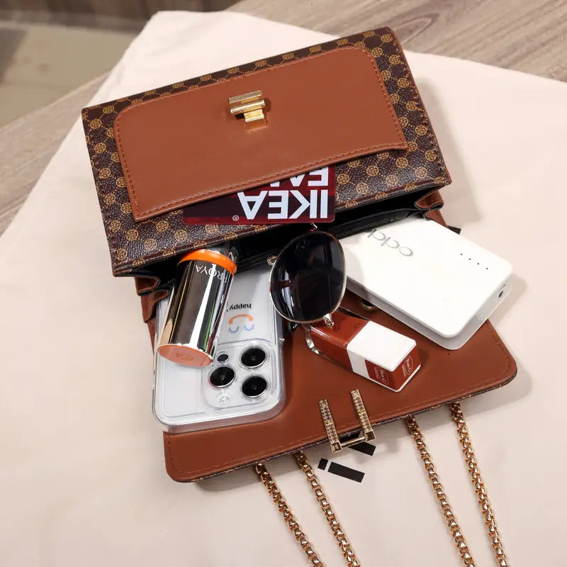 Elegant Brown Polka Dot Crossbody Bag for Women – Adjustable Gold Chain Strap