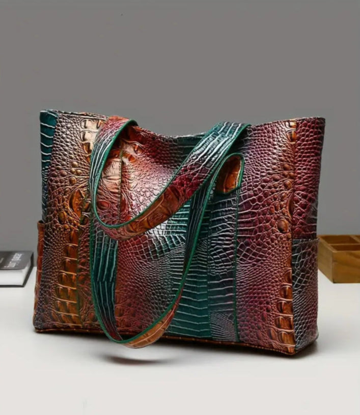 PeaRooster Blue Crocodile-Embossed Handbag | Chic, Versatile Shoulder & Handbag with Zip Closure, Durable PU Material for Women