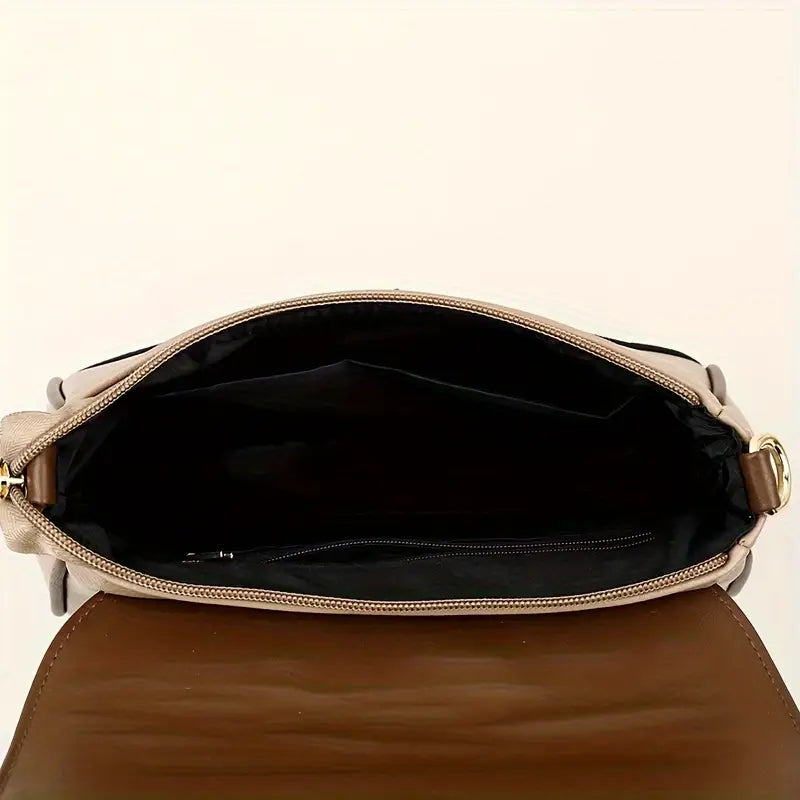 Stylish Two-Tone Women’s Crossbody Bag - Casual Shoulder Purse with Adjustable Strap, Magnetic Closure, and Golden Accents in Khaki/Brown, Everyday Purse