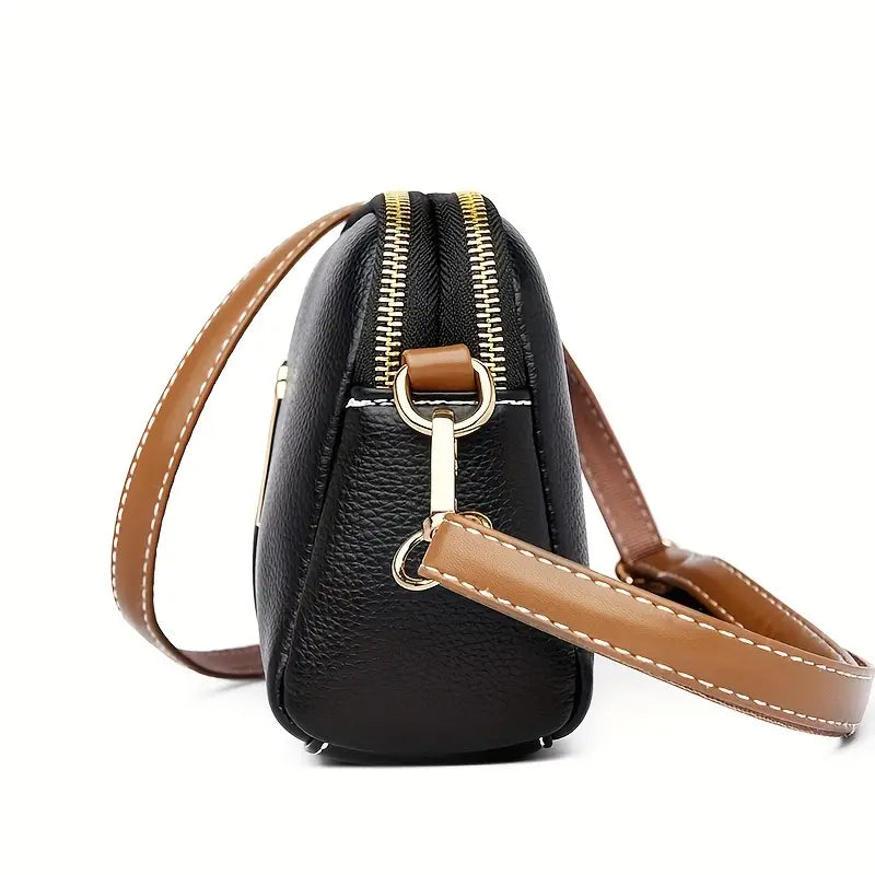 Minimalist Shell-Shaped Crossbody Bag with Golden-Tone Clasp & Adjustable Strap - Premium Synthetic Leather, Zipper Closure, Multiple Colors