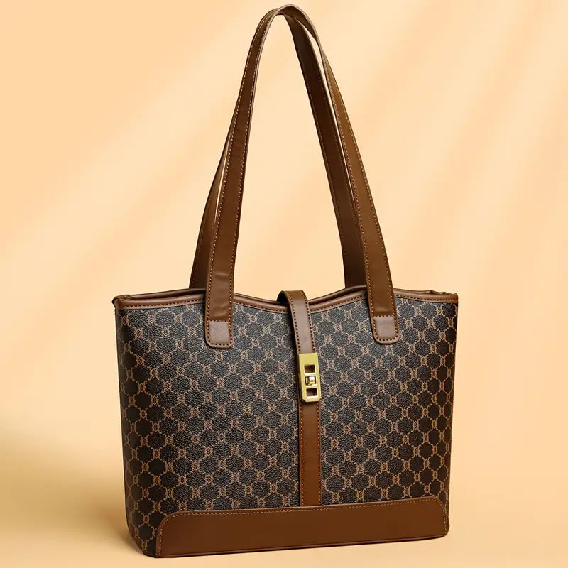 Women's Large Capacity Tote Bag - Coffee & Gray with Golden-Tone Hardware, Zipper Closure, Sturdy Handles & Detachable Shoulder Strap for Work, Travel, Everyday Use