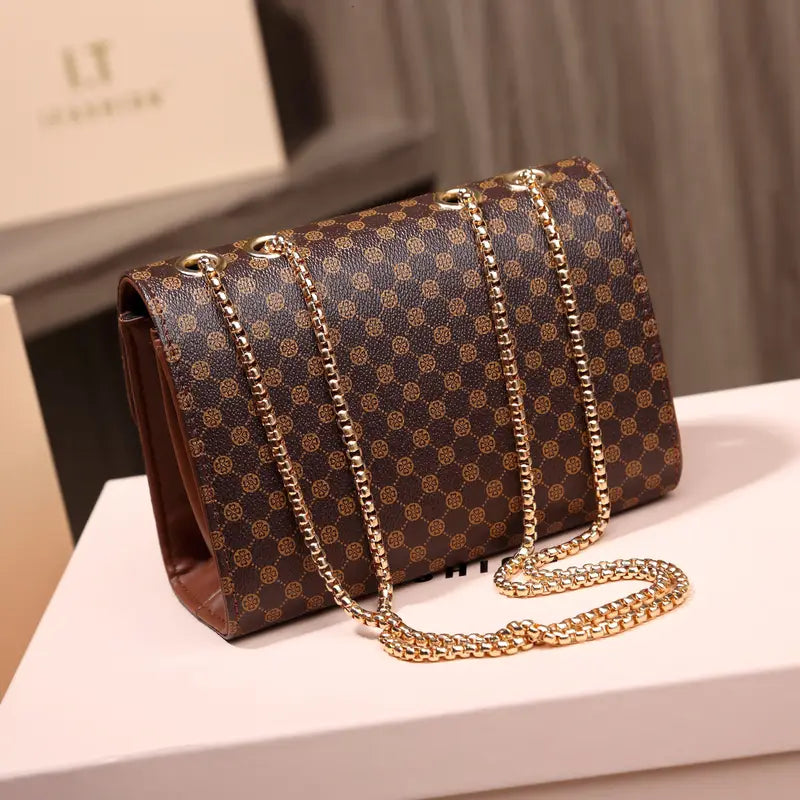 Elegant Brown Polka Dot Crossbody Bag for Women – Adjustable Gold Chain Strap