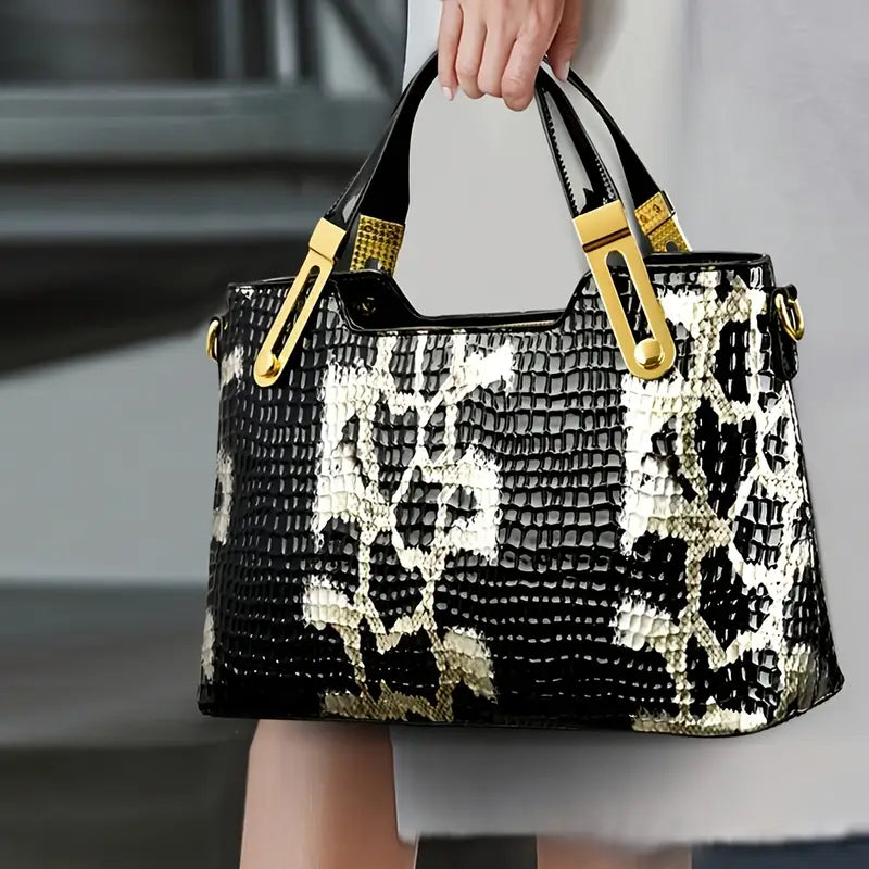 New Fashion Glossy Handbag & Handbag - Black & Golden Snake Light Beige Design, Large Capacity with Zipper Closure, Durable Polyester Lining
