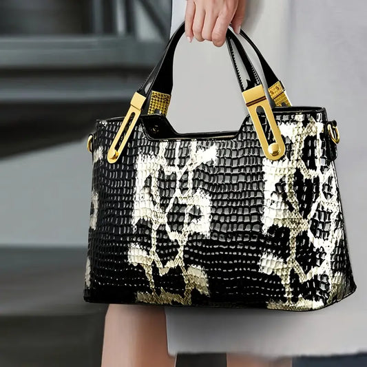 New Fashion Glossy Handbag & Handbag - Black & Golden Snake Light Beige Design, Large Capacity with Zipper Closure, Durable Polyester Lining
