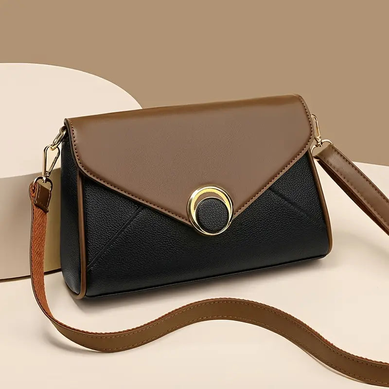 Stylish Two-Tone Women’s Crossbody Bag - Casual Shoulder Purse with Adjustable Strap, Magnetic Closure, and Golden Accents in Khaki/Brown, Everyday Purse