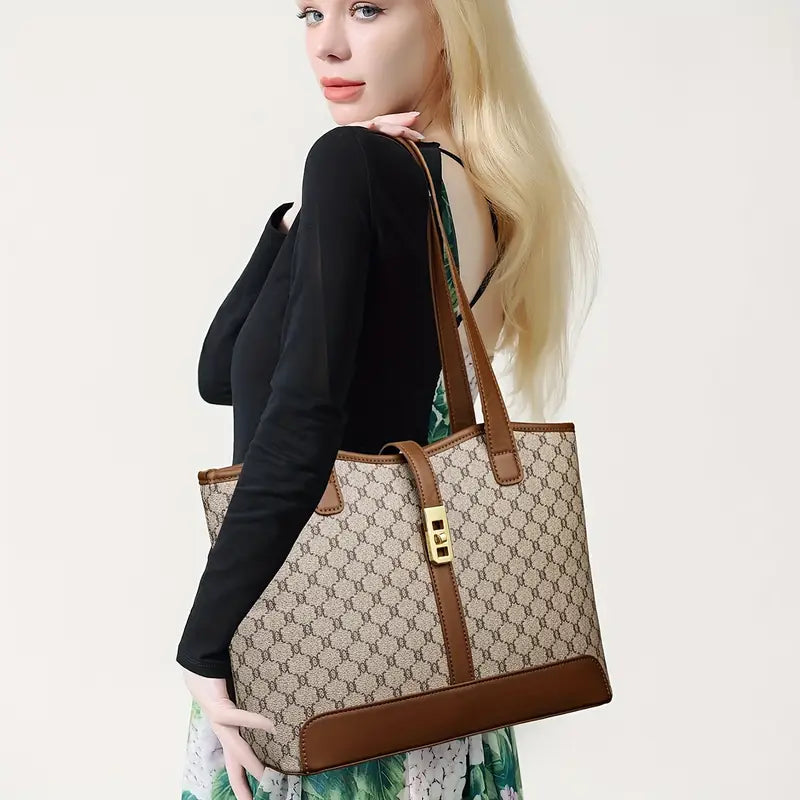 Women's Large Capacity Tote Bag - Coffee & Gray with Golden-Tone Hardware, Zipper Closure, Sturdy Handles & Detachable Shoulder Strap for Work, Travel, Everyday Use