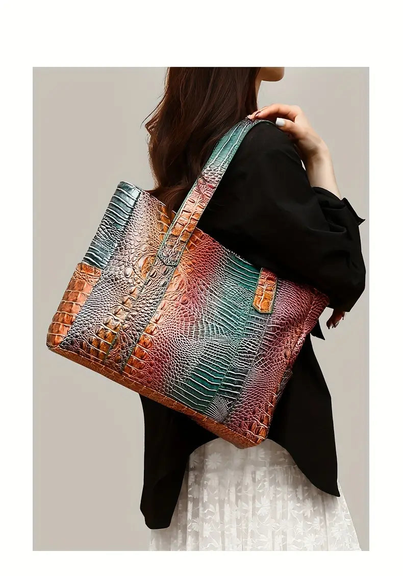 PeaRooster Blue Crocodile-Embossed Handbag | Chic, Versatile Shoulder & Handbag with Zip Closure, Durable PU Material for Women