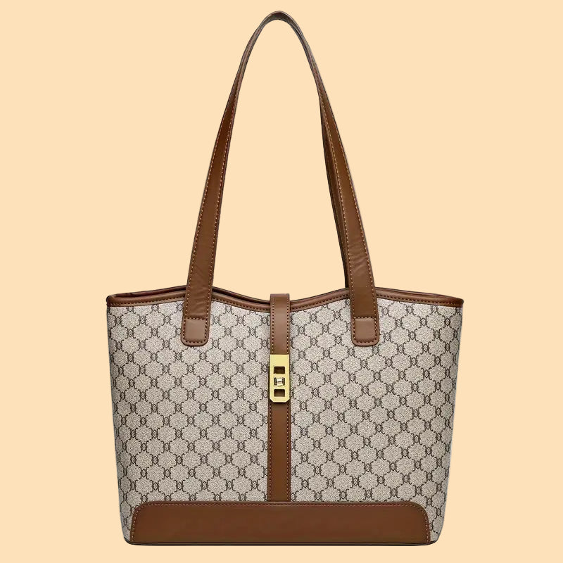 Women's Large Capacity Tote Bag - Coffee & Gray with Golden-Tone Hardware, Zipper Closure, Sturdy Handles & Detachable Shoulder Strap for Work, Travel, Everyday Use