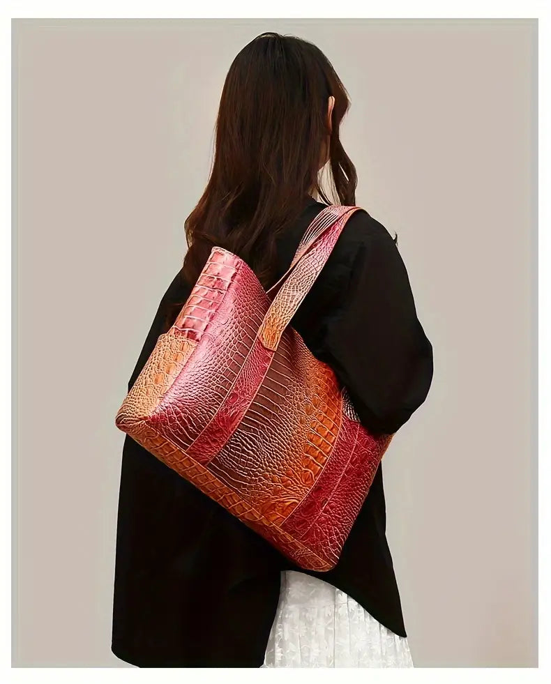 PeaRooster Blue Crocodile-Embossed Handbag | Chic, Versatile Shoulder & Handbag with Zip Closure, Durable PU Material for Women