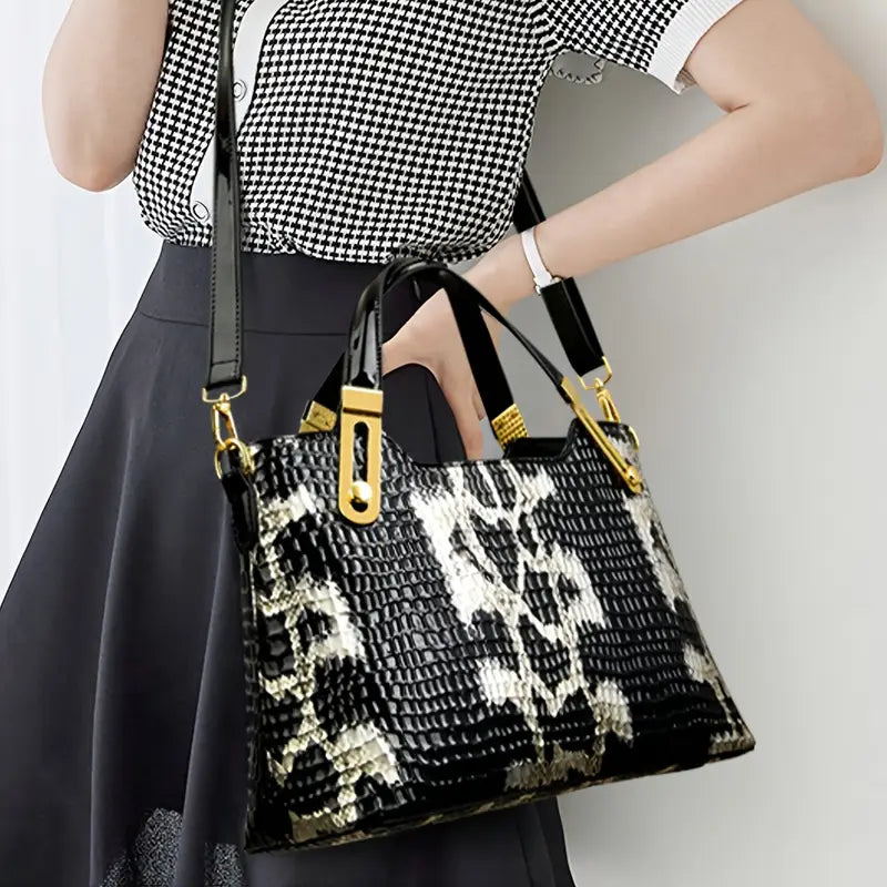 New Fashion Glossy Handbag & Handbag - Black & Golden Snake Light Beige Design, Large Capacity with Zipper Closure, Durable Polyester Lining