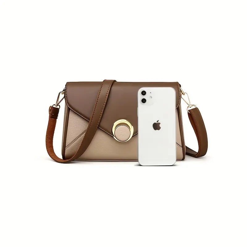 Stylish Two-Tone Women’s Crossbody Bag - Casual Shoulder Purse with Adjustable Strap, Magnetic Closure, and Golden Accents in Khaki/Brown, Everyday Purse