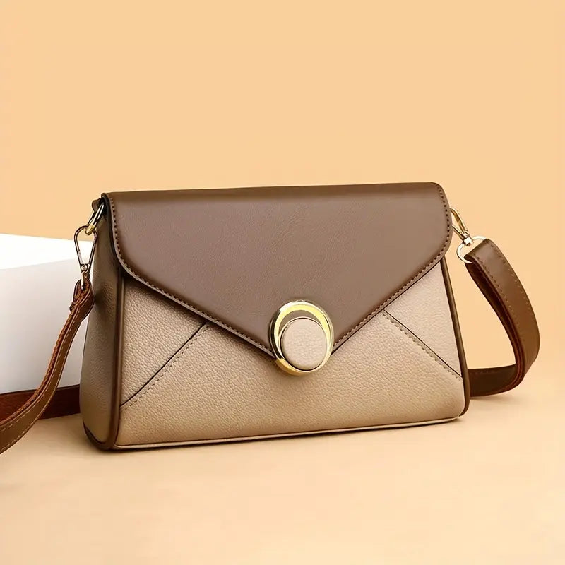 Stylish Two-Tone Women’s Crossbody Bag - Casual Shoulder Purse with Adjustable Strap, Magnetic Closure, and Golden Accents in Khaki/Brown, Everyday Purse