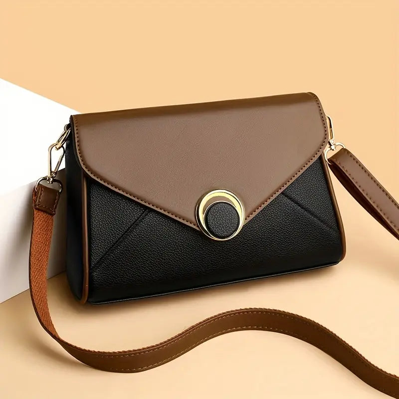 Stylish Two-Tone Women’s Crossbody Bag - Casual Shoulder Purse with Adjustable Strap, Magnetic Closure, and Golden Accents in Khaki/Brown, Everyday Purse