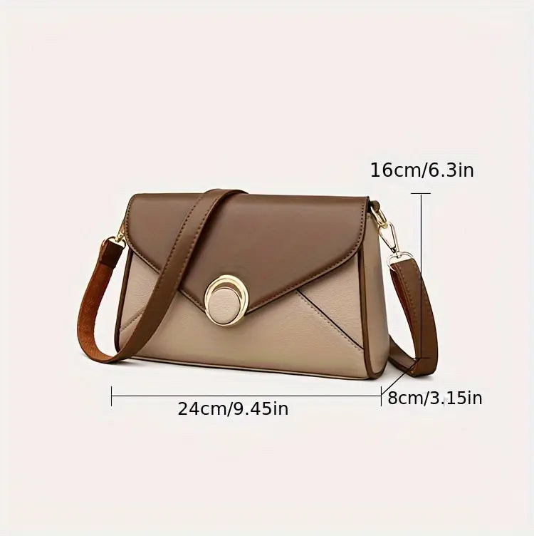 Stylish Two-Tone Women’s Crossbody Bag - Casual Shoulder Purse with Adjustable Strap, Magnetic Closure, and Golden Accents in Khaki/Brown, Everyday Purse