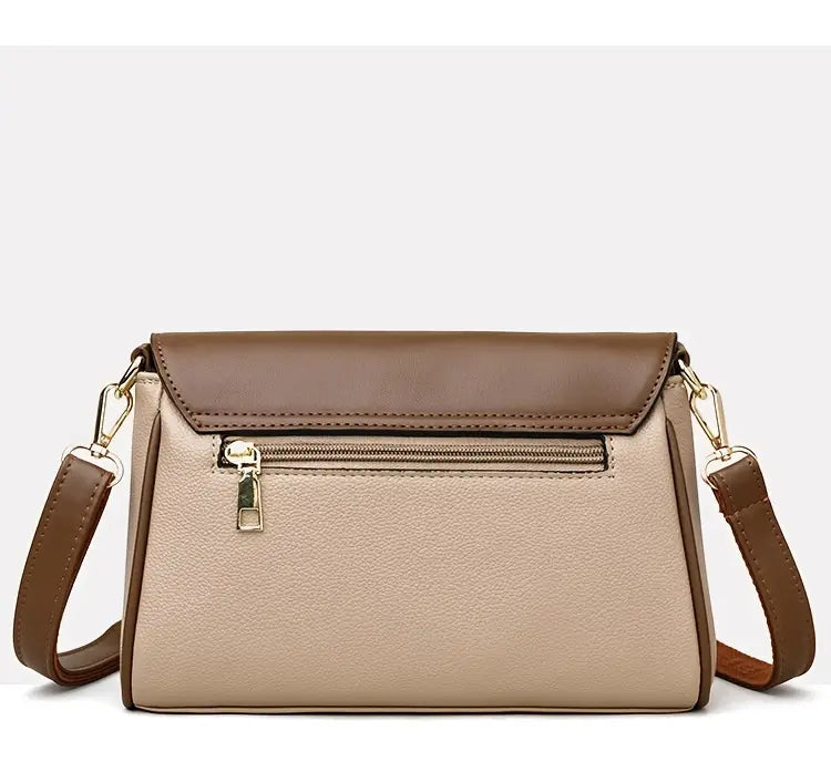 Stylish Two-Tone Women’s Crossbody Bag - Casual Shoulder Purse with Adjustable Strap, Magnetic Closure, and Golden Accents in Khaki/Brown, Everyday Purse