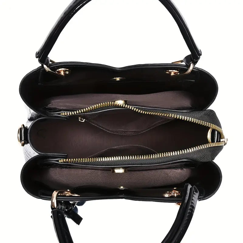 Women's Faux Crocodile-Texture Handbag - Stylish Black And Red Shoulder And Handbag, Zip Closure, Handbag