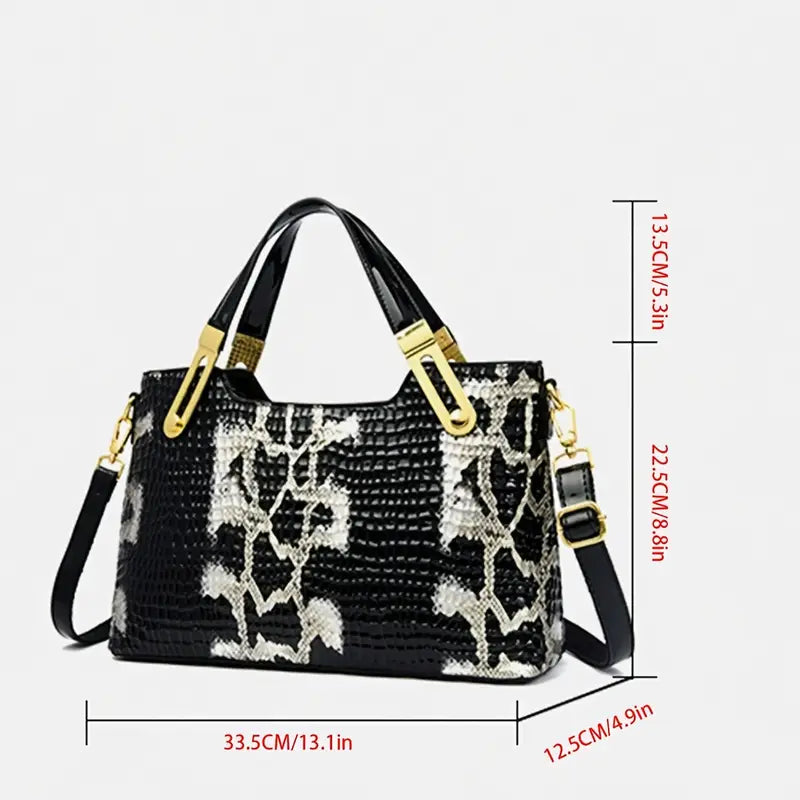 New Fashion Glossy Handbag & Handbag - Black & Golden Snake Light Beige Design, Large Capacity with Zipper Closure, Durable Polyester Lining