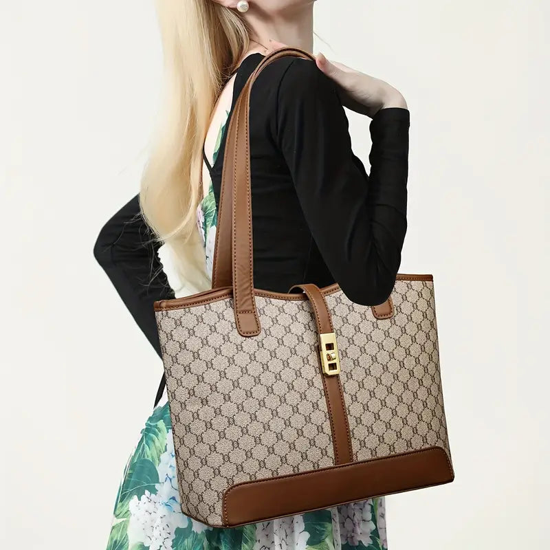 Women's Large Capacity Tote Bag - Coffee & Gray with Golden-Tone Hardware, Zipper Closure, Sturdy Handles & Detachable Shoulder Strap for Work, Travel, Everyday Use