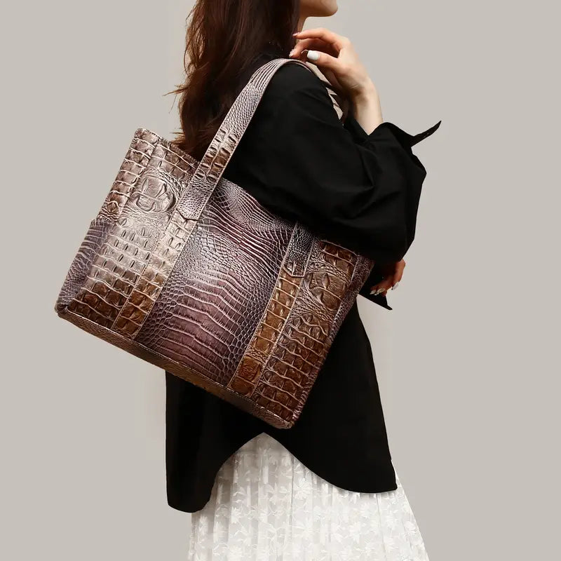 PeaRooster Blue Crocodile-Embossed Handbag | Chic, Versatile Shoulder & Handbag with Zip Closure, Durable PU Material for Women