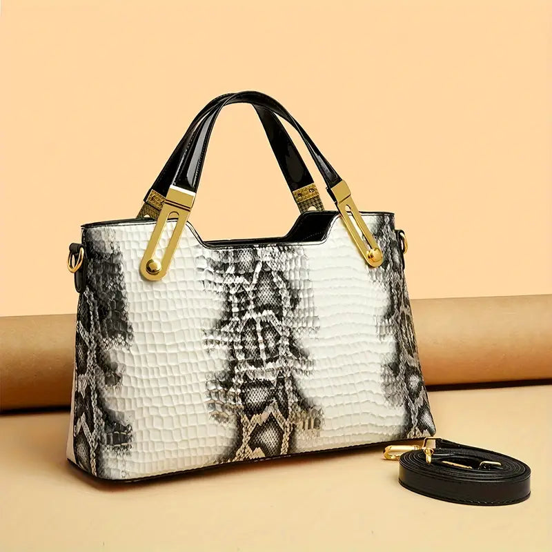 New Fashion Glossy Handbag & Handbag - Black & Golden Snake Light Beige Design, Large Capacity with Zipper Closure, Durable Polyester Lining