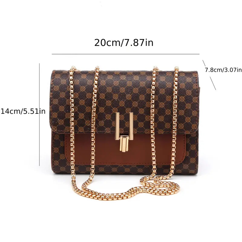 Elegant Brown Polka Dot Crossbody Bag for Women – Adjustable Gold Chain Strap