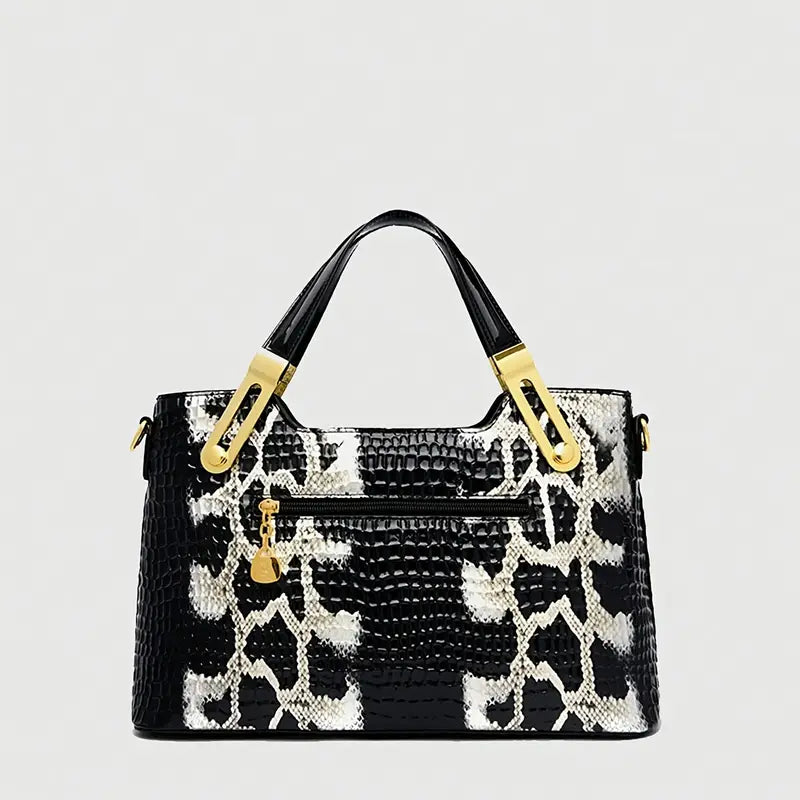 New Fashion Glossy Handbag & Handbag - Black & Golden Snake Light Beige Design, Large Capacity with Zipper Closure, Durable Polyester Lining