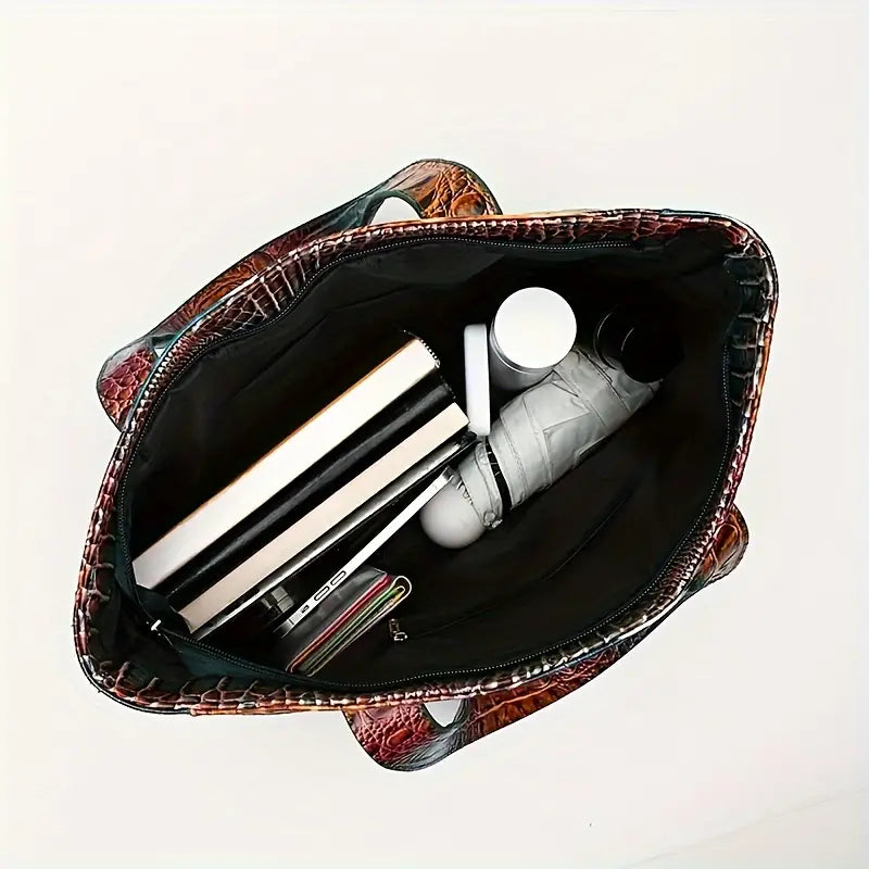 PeaRooster Blue Crocodile-Embossed Handbag | Chic, Versatile Shoulder & Handbag with Zip Closure, Durable PU Material for Women