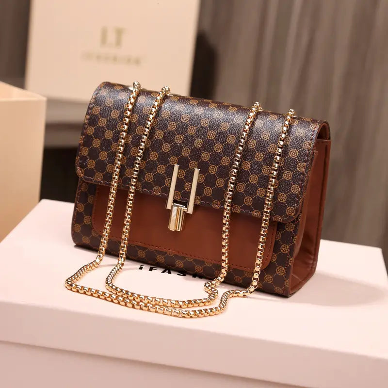 Elegant Brown Polka Dot Crossbody Bag for Women – Adjustable Gold Chain Strap