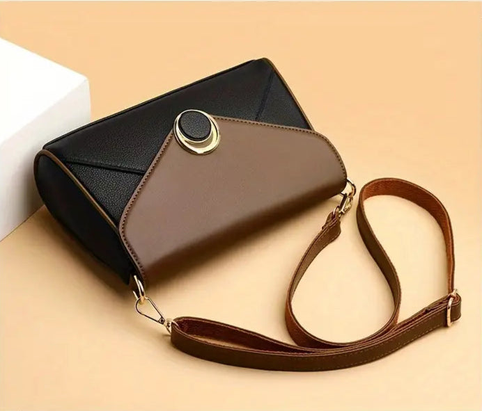 Stylish Two-Tone Women’s Crossbody Bag - Casual Shoulder Purse with Adjustable Strap, Magnetic Closure, and Golden Accents in Khaki/Brown, Everyday Purse