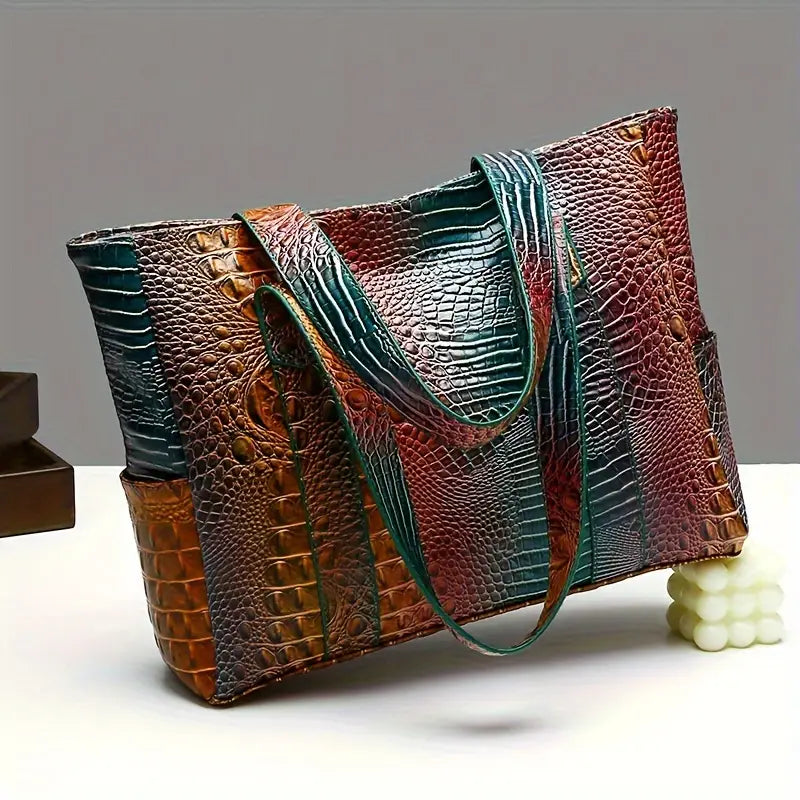 PeaRooster Blue Crocodile-Embossed Handbag | Chic, Versatile Shoulder & Handbag with Zip Closure, Durable PU Material for Women