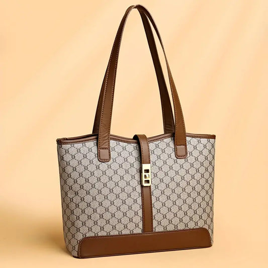 Women's Large Capacity Tote Bag - Coffee & Gray with Golden-Tone Hardware, Zipper Closure, Sturdy Handles & Detachable Shoulder Strap for Work, Travel, Everyday Use