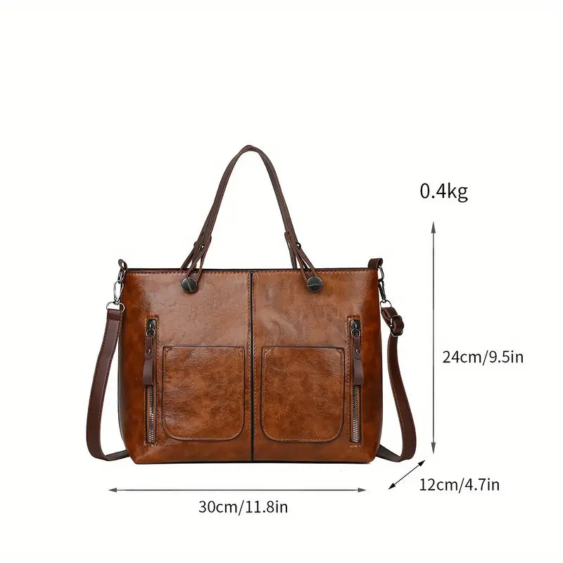 Women's Large Capacity Tote Bag - with Multiple Compartments, Adjustable Shoulder Strap & Zipper Closure, Rich Brown Handbag for Work, Travel, Everyday Use, Sleek Textured