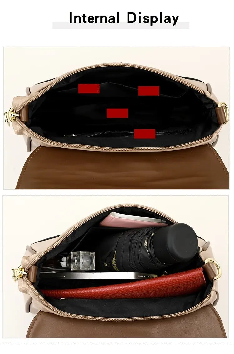 Stylish Two-Tone Women’s Crossbody Bag - Casual Shoulder Purse with Adjustable Strap, Magnetic Closure, and Golden Accents in Khaki/Brown, Everyday Purse