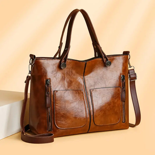 Women's Large Capacity Tote Bag - with Multiple Compartments, Adjustable Shoulder Strap & Zipper Closure, Rich Brown Handbag for Work, Travel, Everyday Use, Sleek Textured