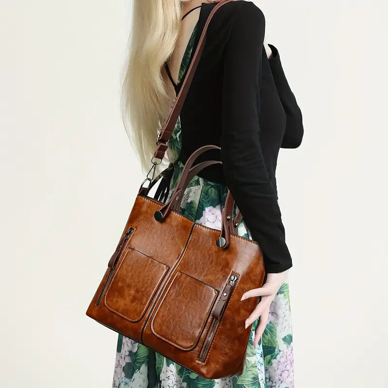 Women's Large Capacity Tote Bag - with Multiple Compartments, Adjustable Shoulder Strap & Zipper Closure, Rich Brown Handbag for Work, Travel, Everyday Use, Sleek Textured